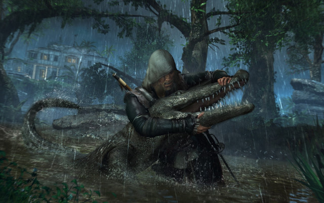 Man crocodile forest rainhouse building free wallpaper - medium preview image