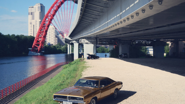 Car bridge river mountain scenery free wallpaper - medium preview image