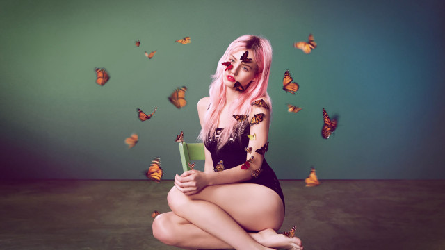 Pink hair woman butterflies autumn free wallpaper - medium preview image