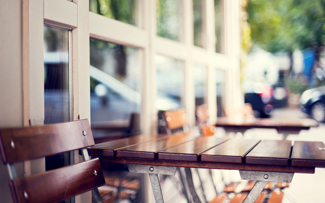 Wooden bench window sidewalk building free wallpaper - medium preview image