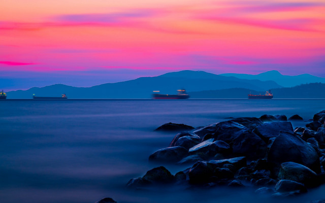 Mystical mountain shore sunset ship free wallpaper - medium preview image