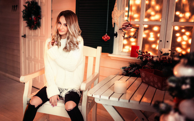 Christmas woman bench festive blurry free wallpaper - medium preview image