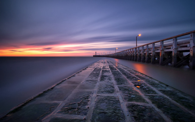 Pier bridge sunset ocean mountain free wallpaper - medium preview image