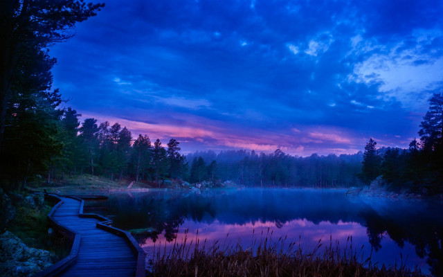 Wooden walkway lake dusk purple free wallpaper - medium preview image