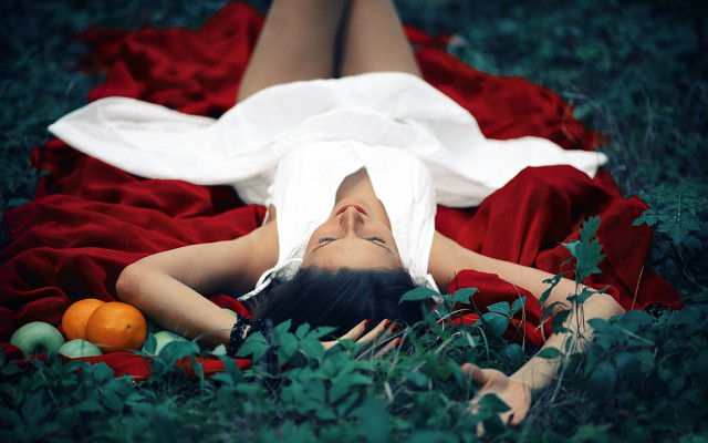 Woman grass fruit white shirt free wallpaper - medium preview image