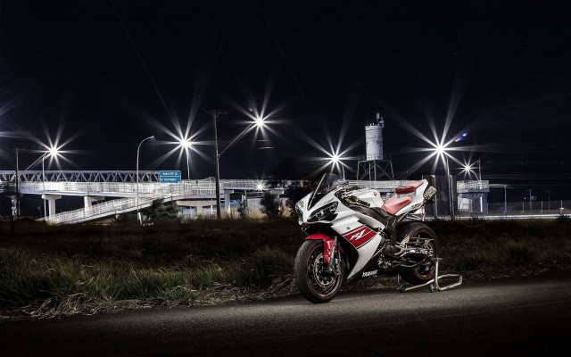 Motorcycle night bridge lights puzzle free wallpaper - medium preview image