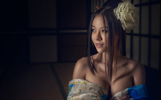 Woman flower kimono photorealistic japanese free wallpaper - medium preview image