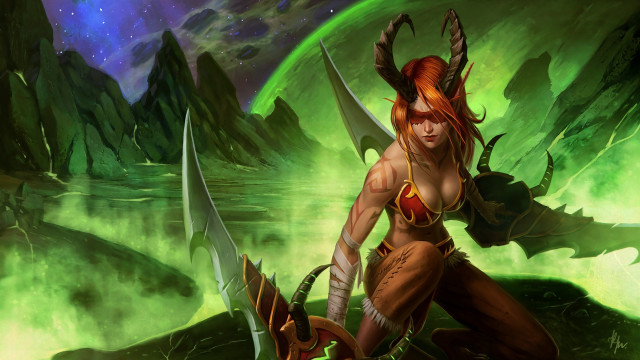 Woman horns sword green background free wallpaper - medium preview image