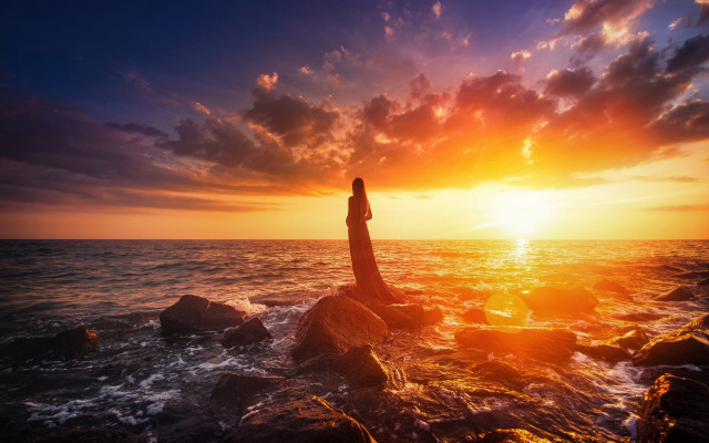 Woman rock ocean sunset beauty free wallpaper - medium preview image