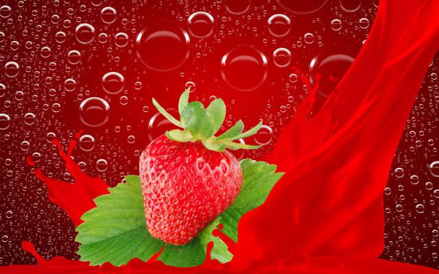 Strawberry greenleaf waterdroplets redcloth bubble free wallpaper - medium preview image