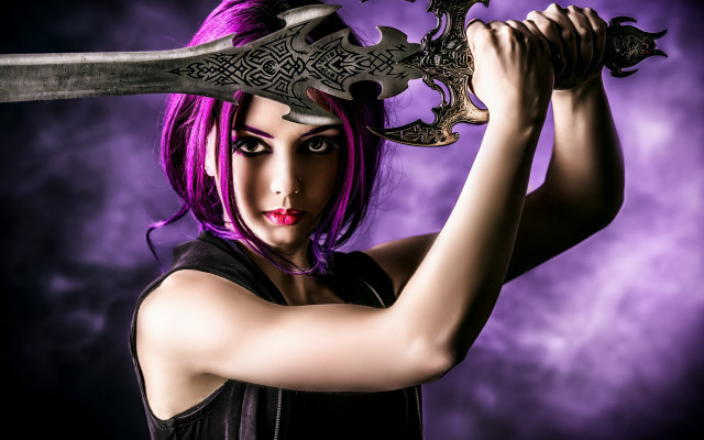 Purple haired sword wielding woman free wallpaper - medium preview image