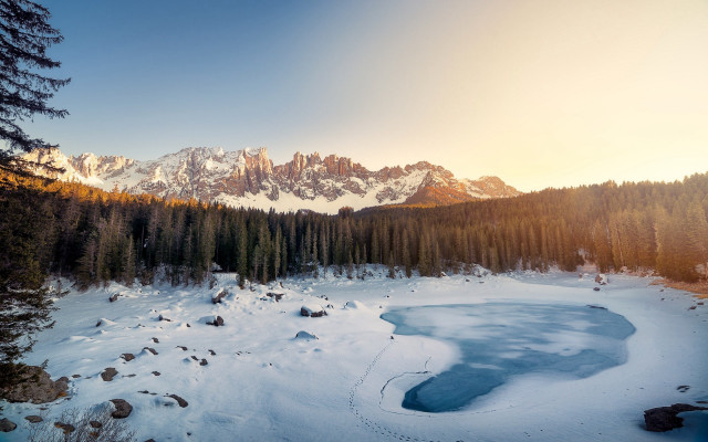 Snowy mountain lake trees sunset #2 free wallpaper - medium preview image