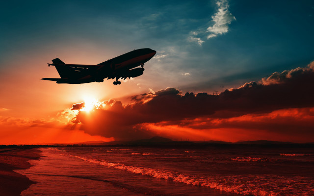 Plane beach sunset clouds matte free wallpaper - medium preview image