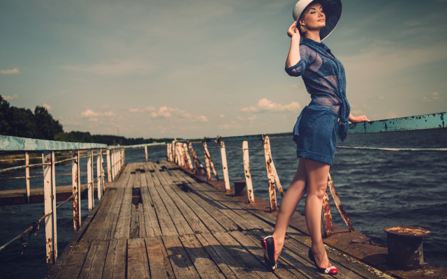 Woman pier cellphone hat sunglasses free wallpaper - medium preview image