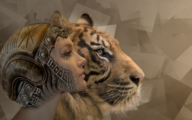 Woman kissing tiger masked geometric free wallpaper - medium preview image