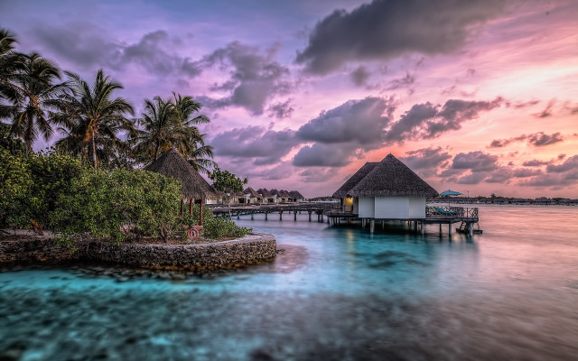 Pier hut palm trees sunset #2 free wallpaper - medium preview image