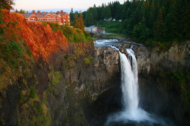 Waterfall cliff house red building free wallpaper - medium preview image