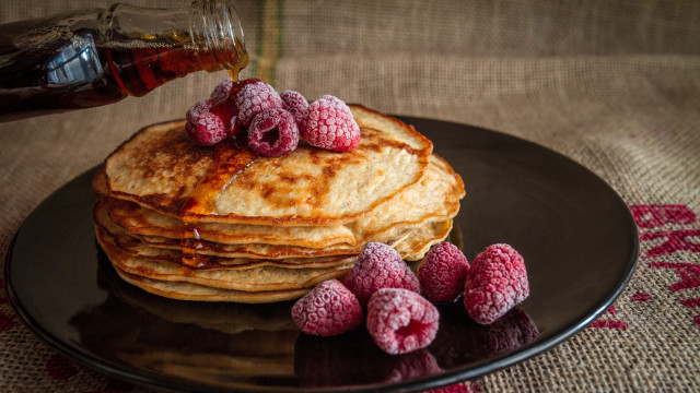 Pancakes raspberries syrup plate food free wallpaper - medium preview image