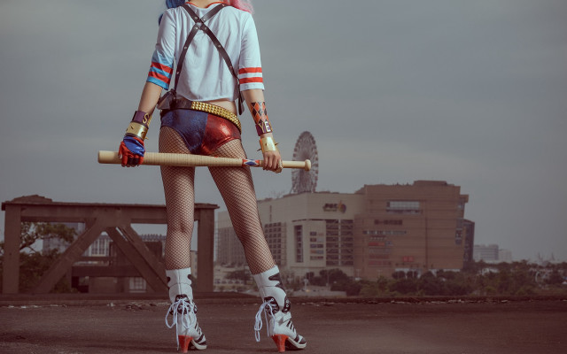 Woman cosplay baseball bat cityscape free wallpaper - medium preview image