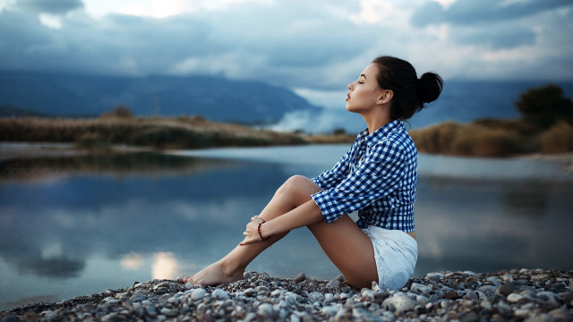 Woman sitting lake mountains clouds #2 free wallpaper - medium preview image