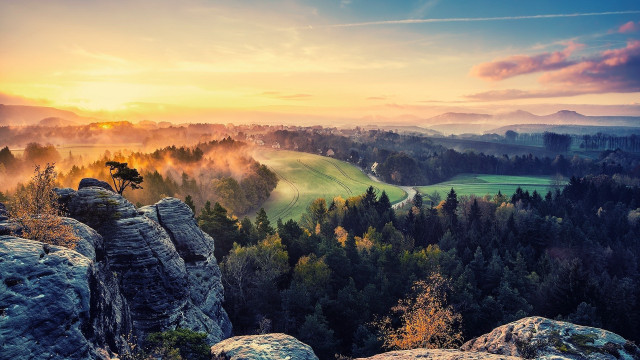 Scenic valley mountains trees sunset free wallpaper - medium preview image