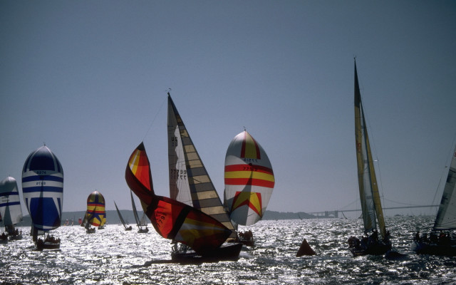Sailboats ocean sky bridge precisionism free wallpaper - medium preview image