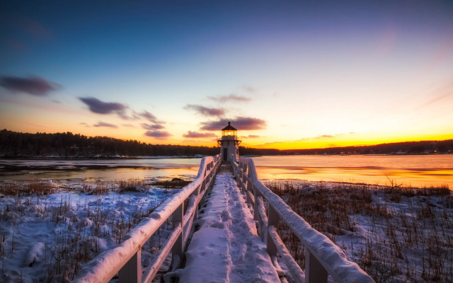 Wooden walkway lighthouse sunset lake free wallpaper - medium preview image