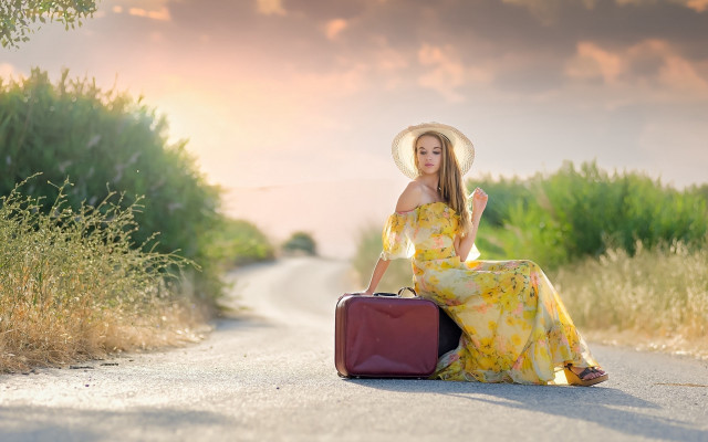 Yellow dress hat suitcase outdoor free wallpaper - medium preview image