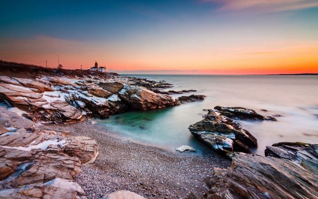 Rocky beach lighthouse sunset longexposure free wallpaper - medium preview image