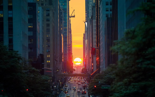 Cityscape sunset street tallbuildings traffic free wallpaper - medium preview image