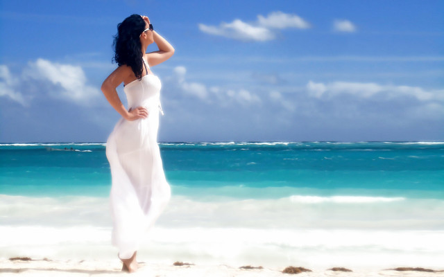 Woman beach white dress ocean free wallpaper - medium preview image