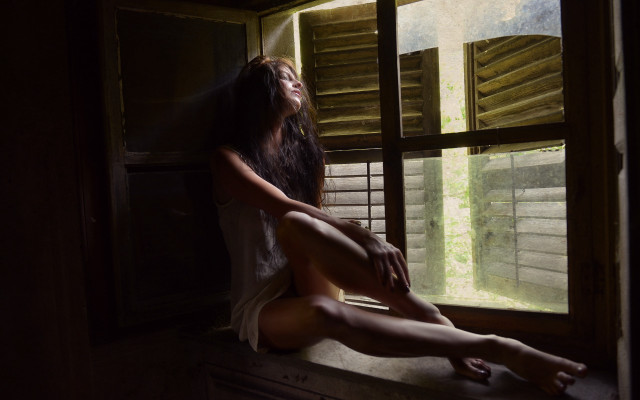 Woman sitting window sill outside free wallpaper - medium preview image