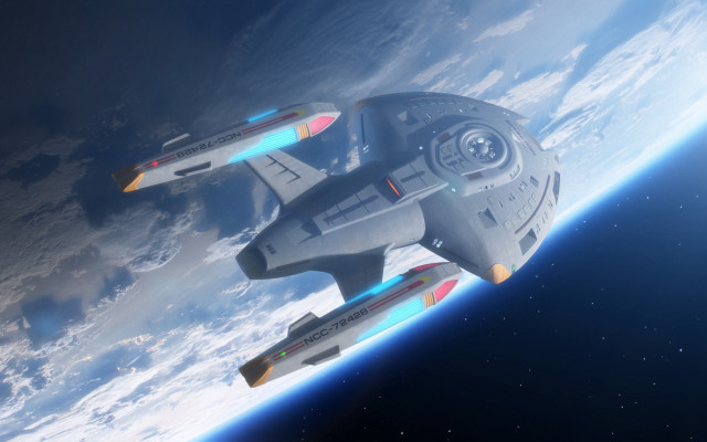 Spacecraft flying over planet night free wallpaper - medium preview image
