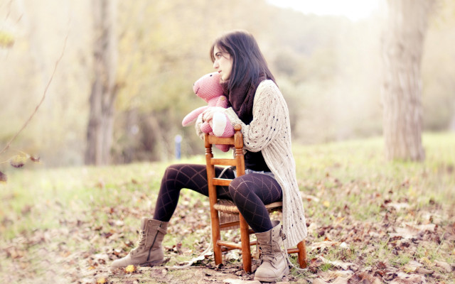 Woman sitting chair teddy bear free wallpaper - medium preview image