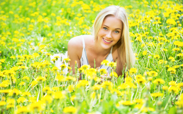 Woman field yellow flowers smiling free wallpaper - medium preview image