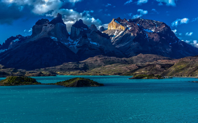 Mountain lake boat bridge city free wallpaper - medium preview image