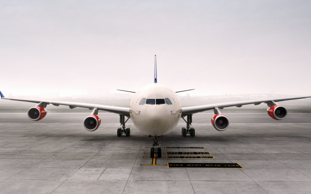 Jetliner tarmac sky clouds photorealism free wallpaper - medium preview image