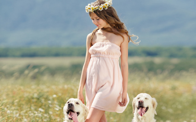 Girl dress dogs field mountains free wallpaper - medium preview image