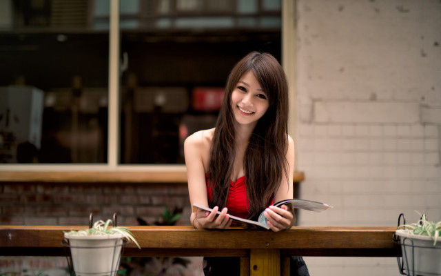 Woman table potted plant brick free wallpaper - medium preview image