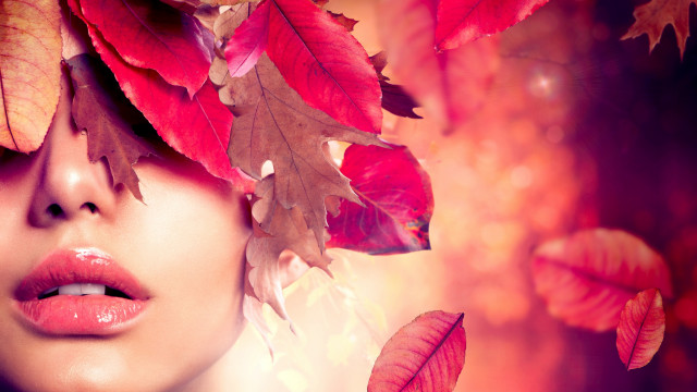 Woman red leaves red lipstick free wallpaper - medium preview image