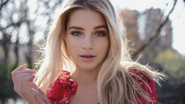 Blonde woman red dress park free wallpaper - medium preview image