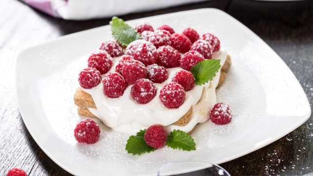 Raspberry cream dessert plate spoon free wallpaper - medium preview image