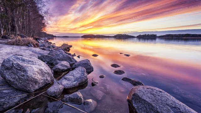 Sunset lake rocks trees colorful free wallpaper - medium preview image