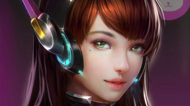 Girl headphones cat purple background free wallpaper - medium preview image