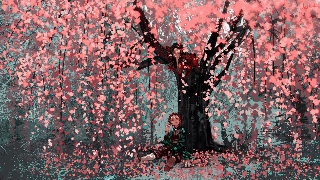 Woman sitting under pink leaves free wallpaper - medium preview image