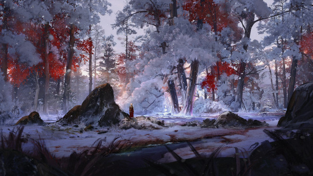 Snowy forest fire person autumn free wallpaper - medium preview image