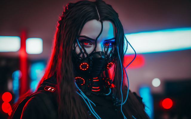 Cyberpunk woman gasmask redlights glowing free wallpaper - medium preview image