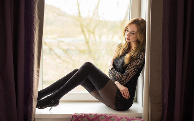 Woman sitting window blonde highheels free wallpaper - medium preview image