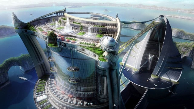 Futuristic city bridge buildings water free wallpaper - medium preview image