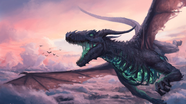 Dragon flying sky birds clouds free wallpaper - medium preview image